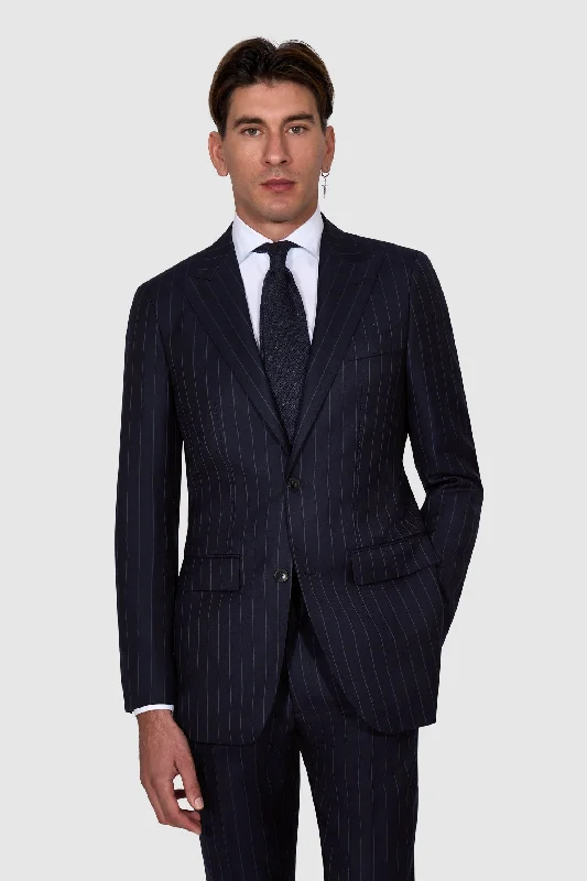 New SUITREVIEW Elmhurst Navy Stripe Pure Wool Super 120s Suit - Size 38L (Other Sizes Special Order)