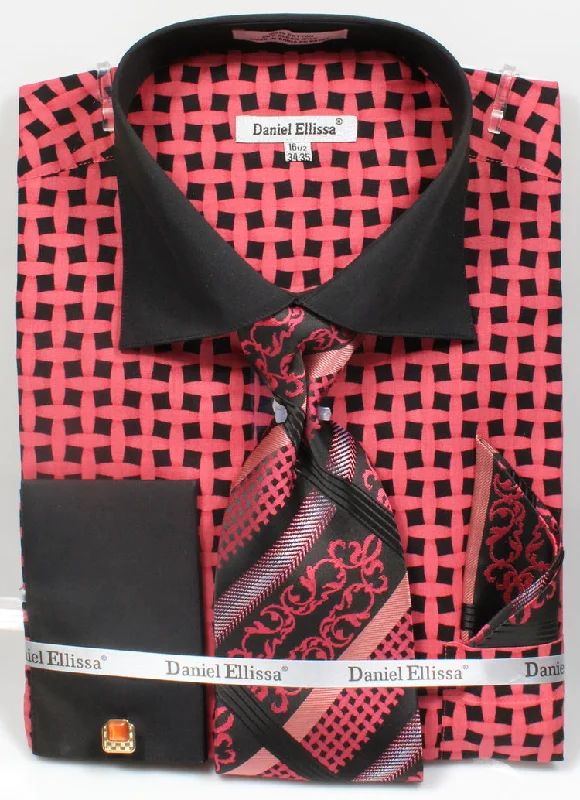 French Cuff Checker Pattern Cotton Shirt in Black/Coral