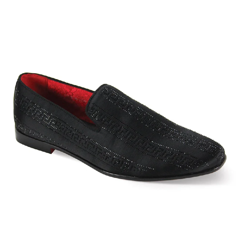 Satin Elegance Collection : Black Crystal Studded Satin Fabric Plain Toe Smoker Slip-On