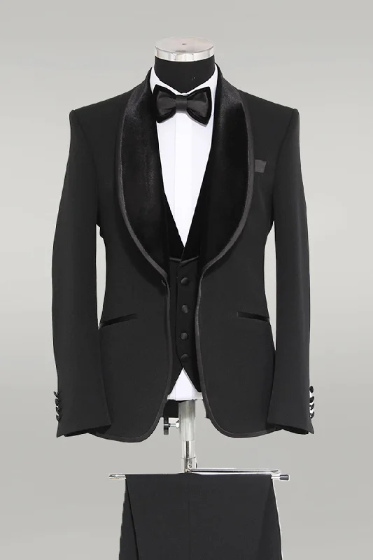 Plain 3-Piece Velvet Shawl Lapel Elegant Black Men Tuxedo with Bow Tie - Wessi