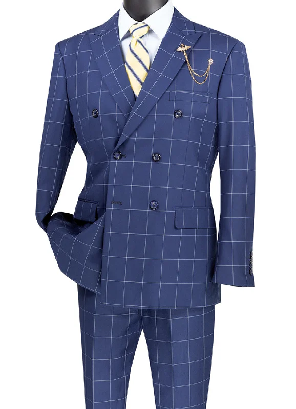 Naples Collection - Blue Modern Fit Double Breasted Windowpane Peak Lapel 2 Piece Suit