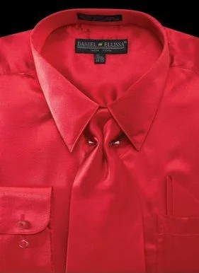 Satin Dress Shirt Convertible Cuff Regular Fit in Red With Tie And Pocket Square