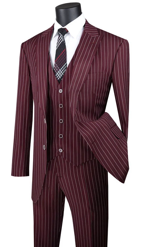 Odyssey Collection - Burgundy Regular Fit 3 Piece Suit 2 Button Gangster Stripe