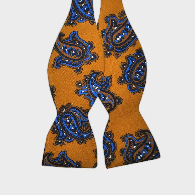 English Printed Silk Paisley  Bow Tie in Ochre, Navy & Blue