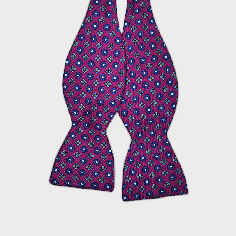 English Printed Silk Little Flowers Repeat Bow Tie in Purple, Navy & Blue