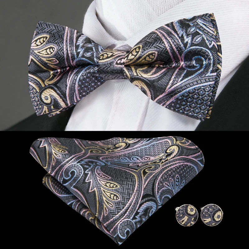 Grey Multi Floral Pre-tied Bow Tie Hanky Cufflinks Set