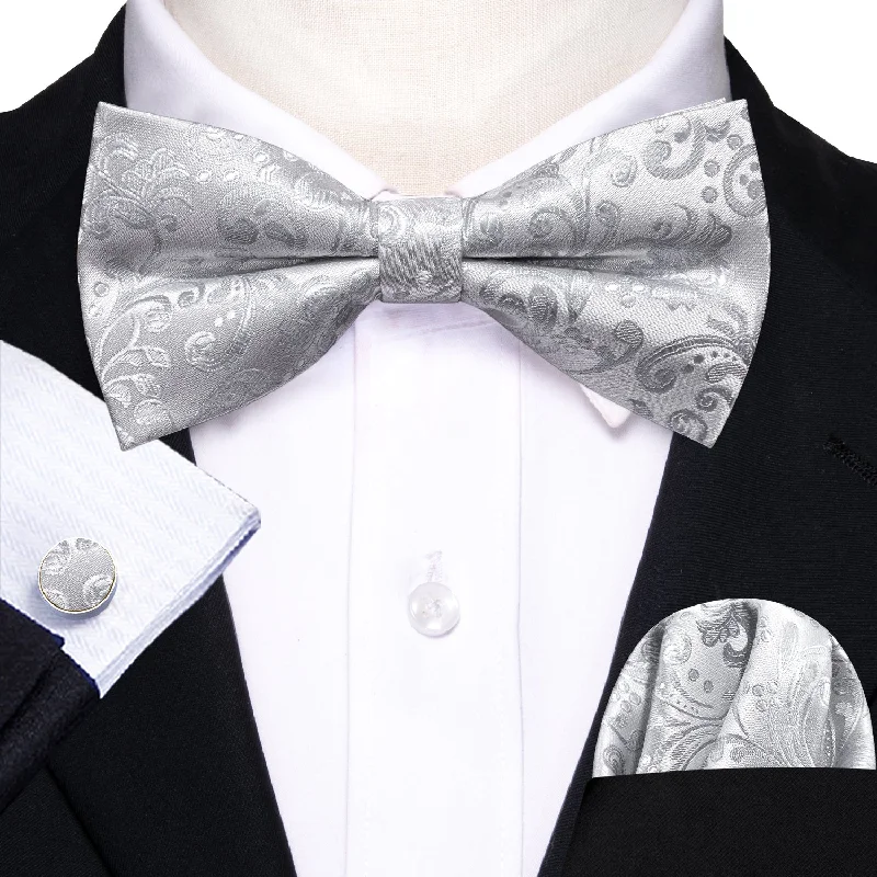 Mens Silver Paisley Bow Tie Set