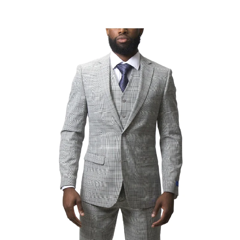 Pino Baldini Vested Grey Plaid Slim Fit Suits