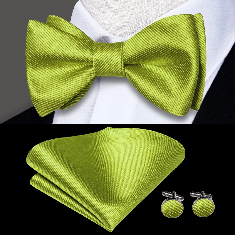 Apple Green Striped Self-tied Bow Tie Pocket Square Cufflinks Set