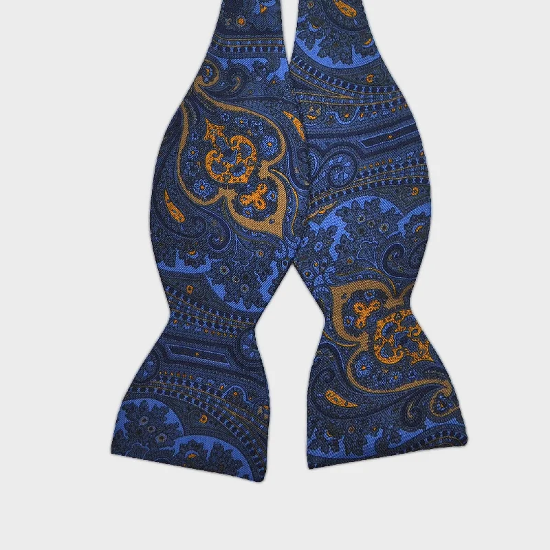 English Printed Silk Paisley Bow Tie in Blue, Navy & Ochre