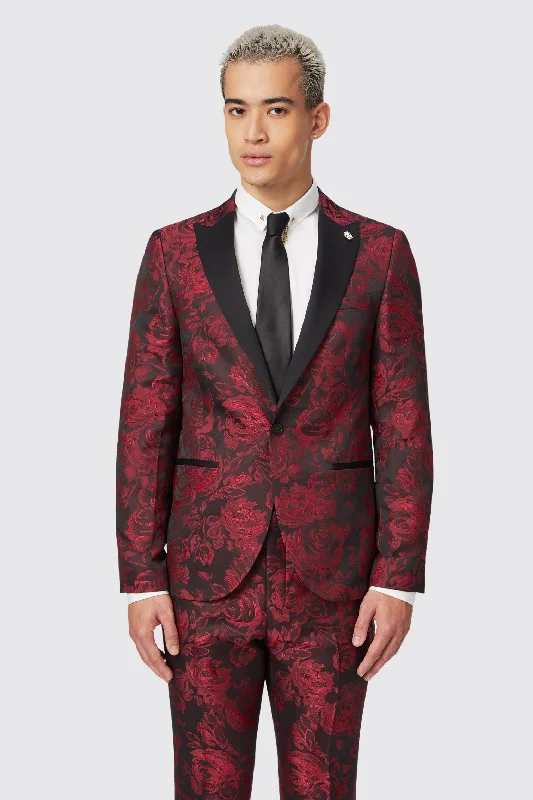 Ersat Skinny Fit Red Floral Jacquard Tuxedo Jacket