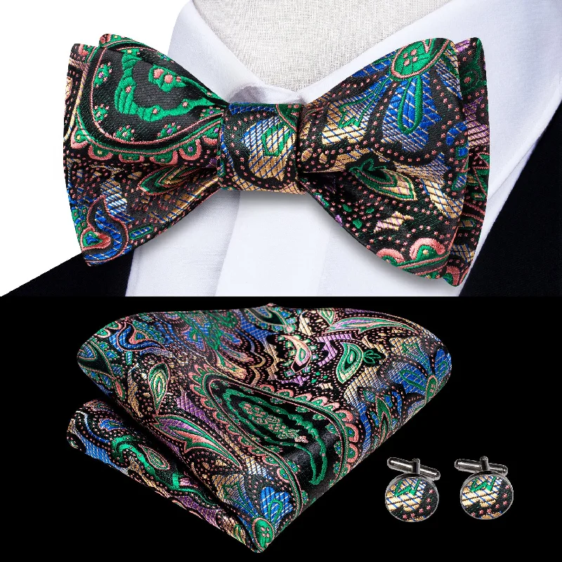 Green Blue Gradient Paisley Self-tied Bow Tie Pocket Square Cufflinks Set