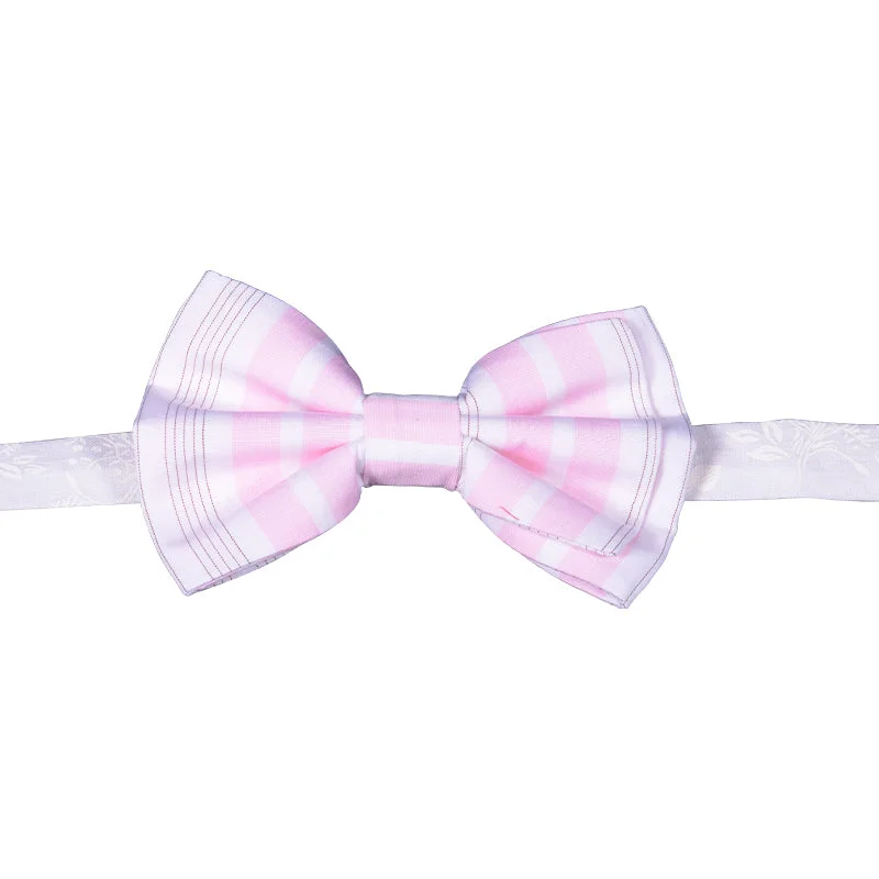 White bowtie with pink/tan vertical stripes