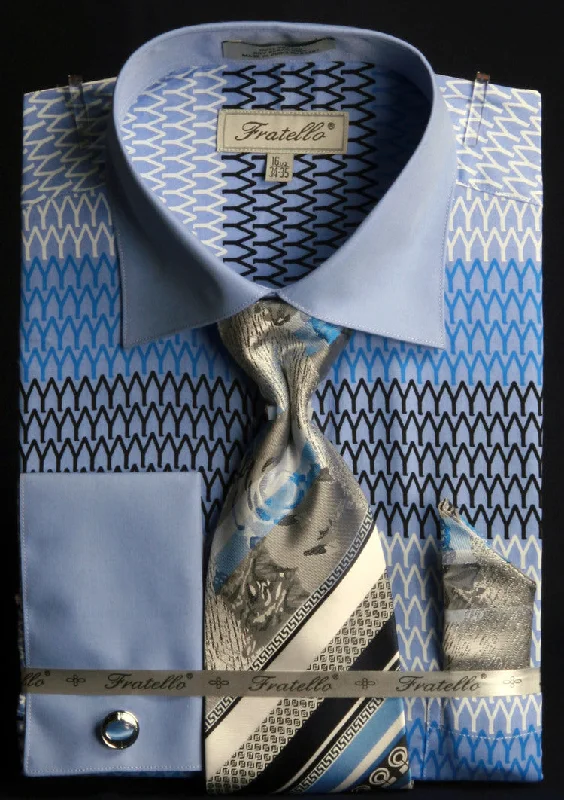 French Cuff Printed Tone on Tone Shirt in Blue with Tie, Cuff Links and Pocket Square