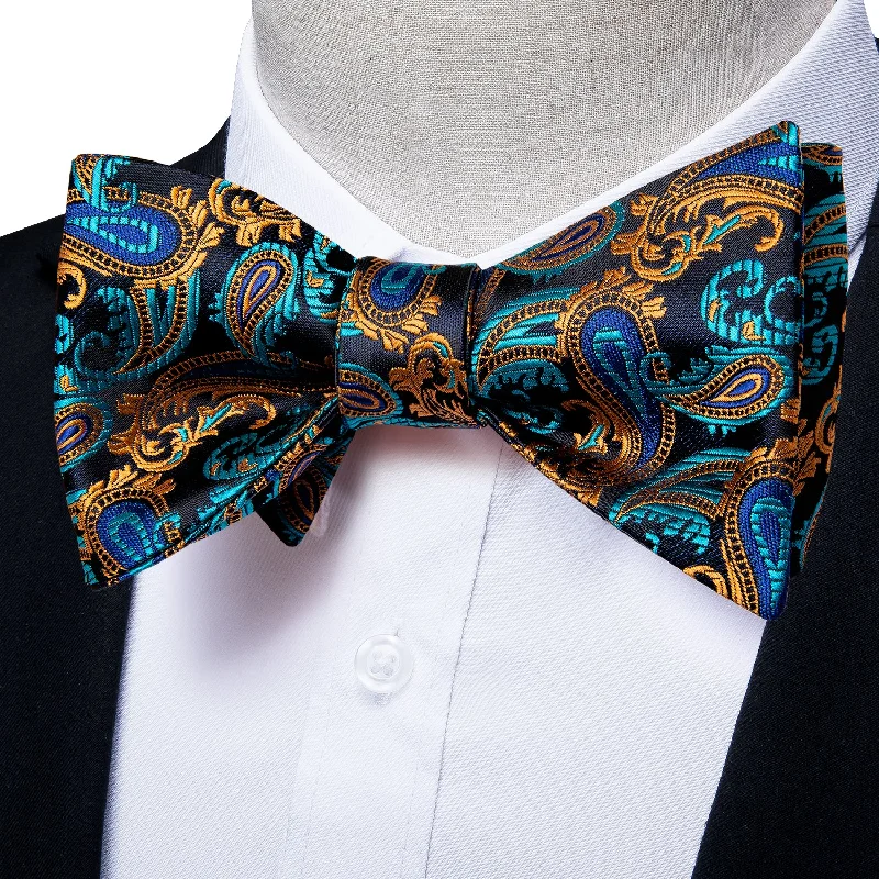 Green Golden Paisley Self-tied Silk Bow Tie Pocket Square Cufflinks Set