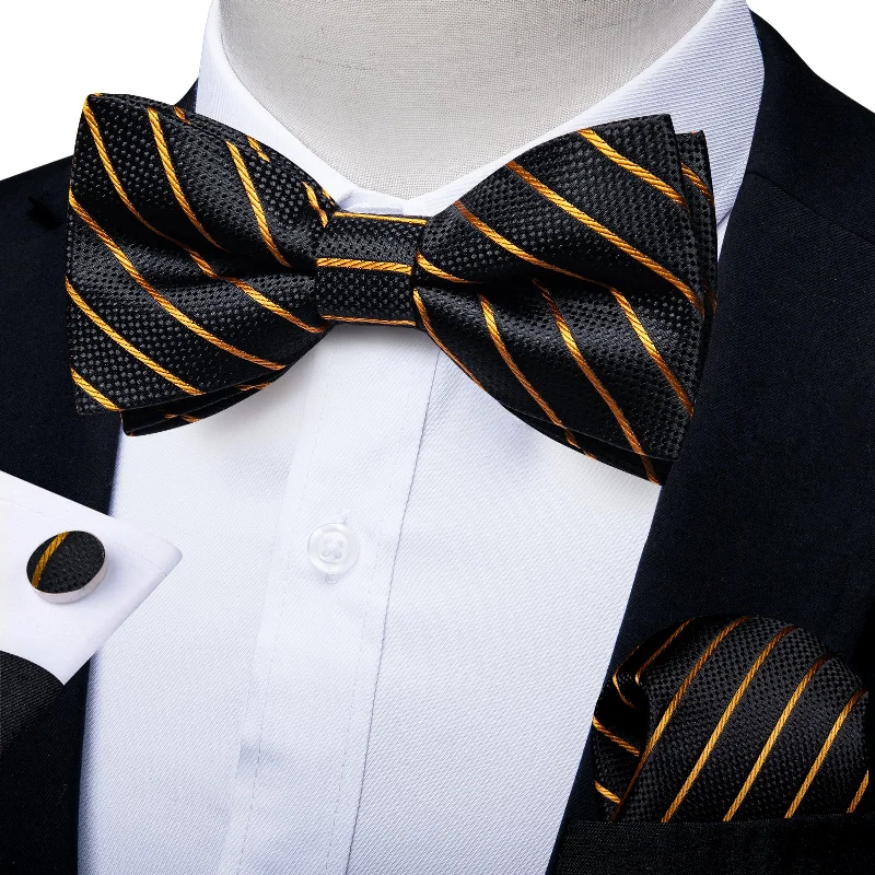 Black Golden Striped Men's Pre-tied Bowtie Pocket Square Cufflinks Set