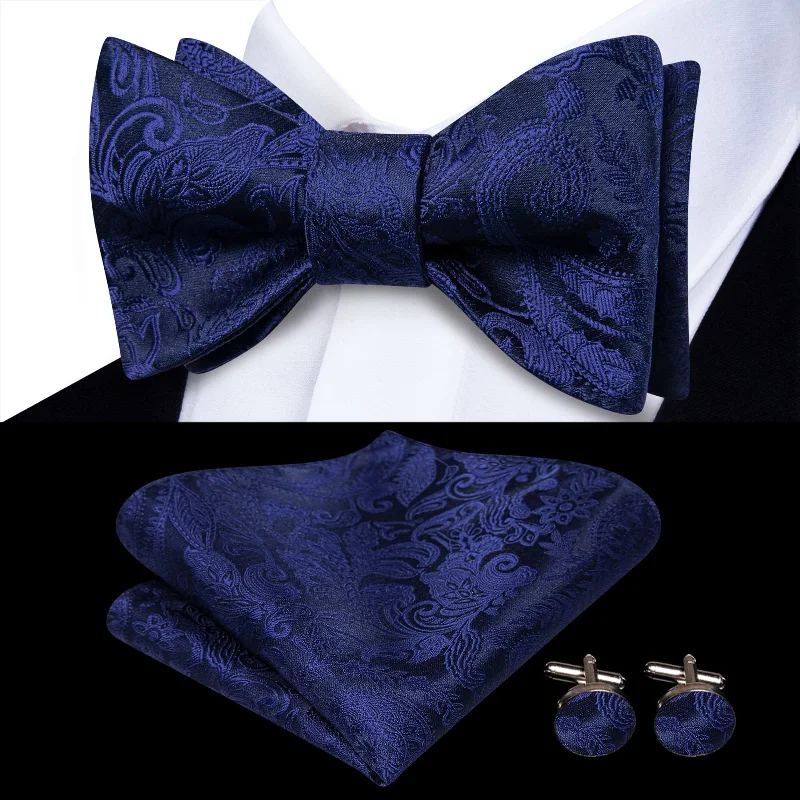 Ties2you Blue Bow Tie Navy Paisley Silk Mens Dress Self-Bow Ties Handkerchief Cufflinks Set