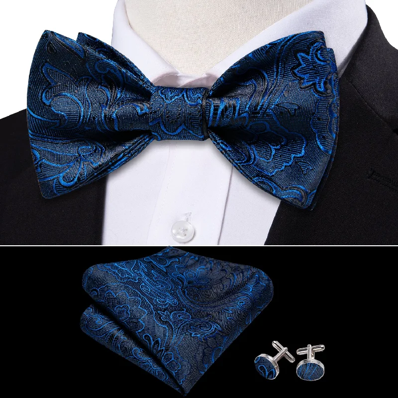 Barry Wang Blue Neck Tie Paisley Self Tied Bow Tie Hanky Cufflinks Set