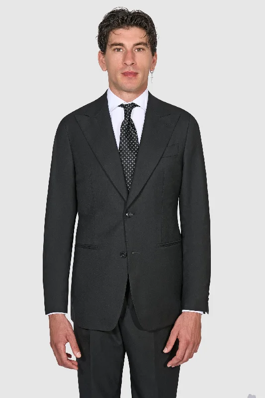 New SUITREVIEW Elmhurst Black Pure Wool Super 130s Wide Peak Lapel Suit - Size 44S