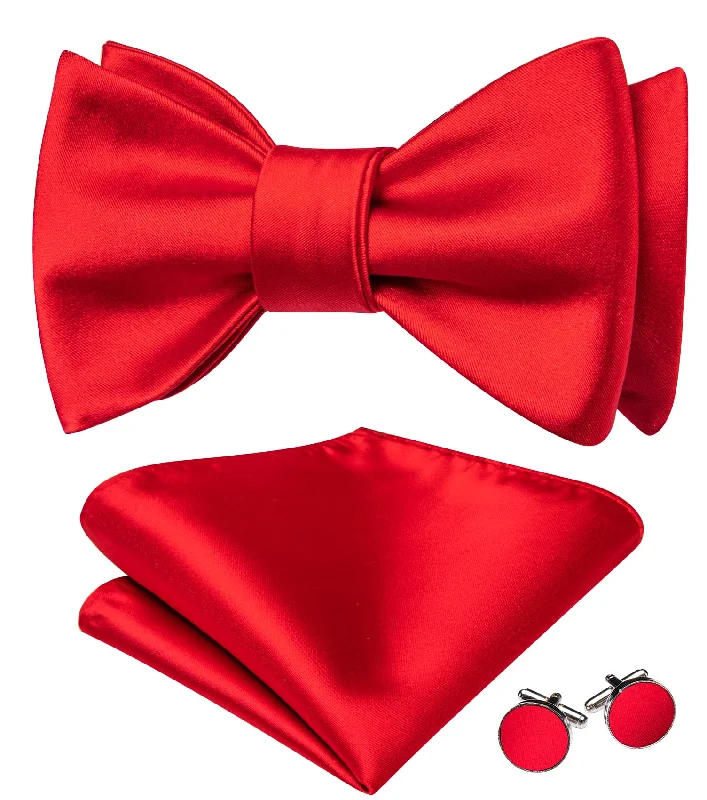 Barry Wang Crimson Red Tie Mens Self-Tied Bowtie Hanky Cufflinks Set