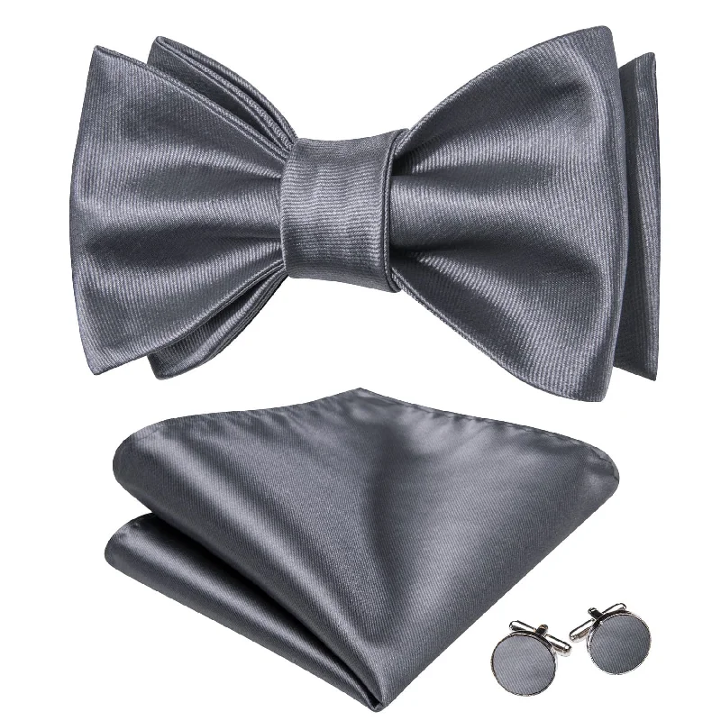 Barry Wang Self-Tied Bowtie Grey Solid Men's Tie Hanky Cufflinks Set