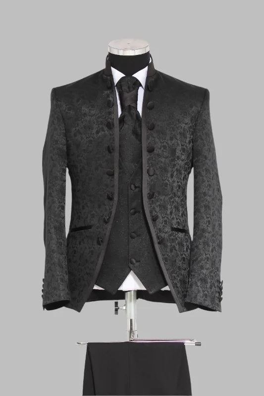 3-Piece Shiny Floral Patterned Mandarin Collar Black Men's Tuxedo with Bow Tie - Wessi