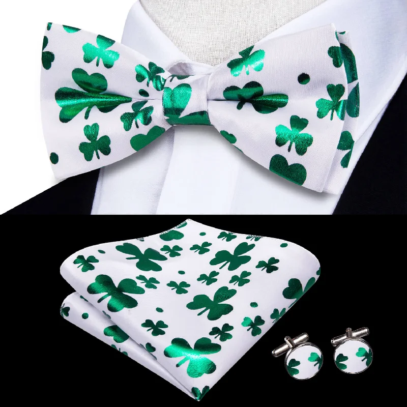 Ties2you St.Patrick's Day Green Clover Silk Pre-Tied Bow Tie Hanky Cufflink Set