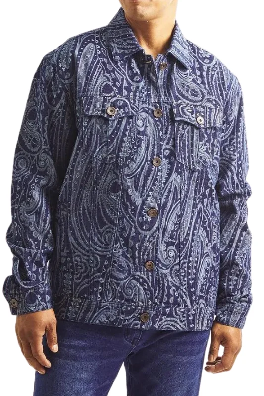 Men's Fancy Jacquard Denim Full Cut Jacket In Navy