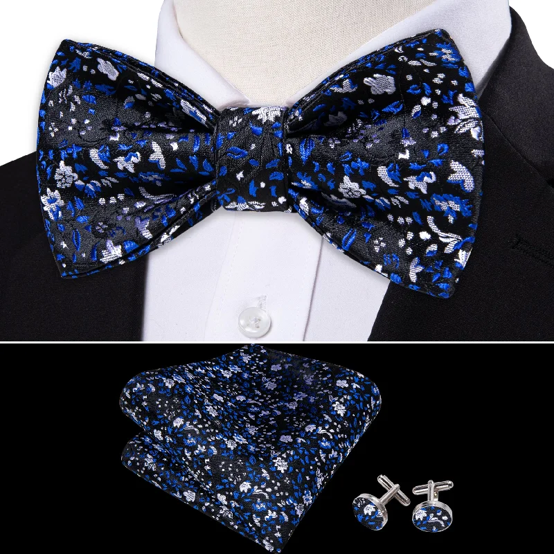 Barry Wang Black Blue Flower Silk Self Tie Bow Tie Hanky Cufflinks Set