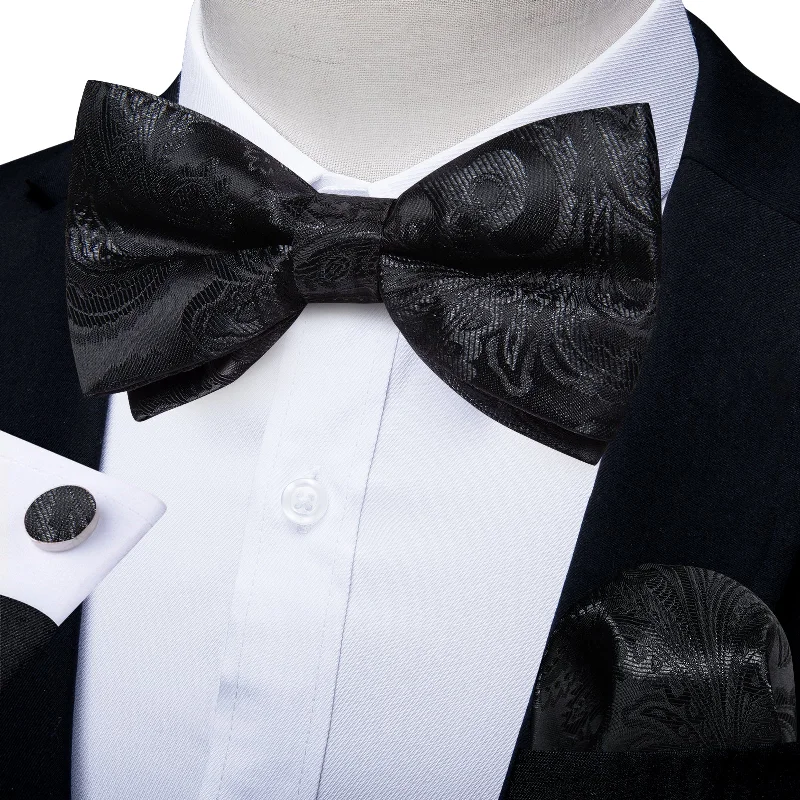 Classic Black Paisley Men's Pre-tied Bowtie Pocket Square Cufflinks Set