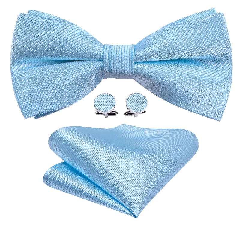 Barry Wang Sky Blue Solid Pre-tied Mens Bow Tie Hanky Cufflinks Set