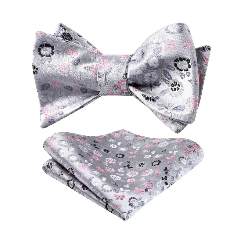 Floral Bow Tie & Pocket Square - GREY/PINK