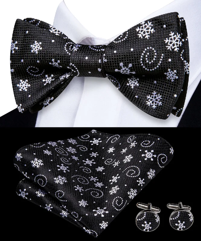 Christmas Black White Snow Self-tied Bow Tie Pocket Square Cufflinks Set