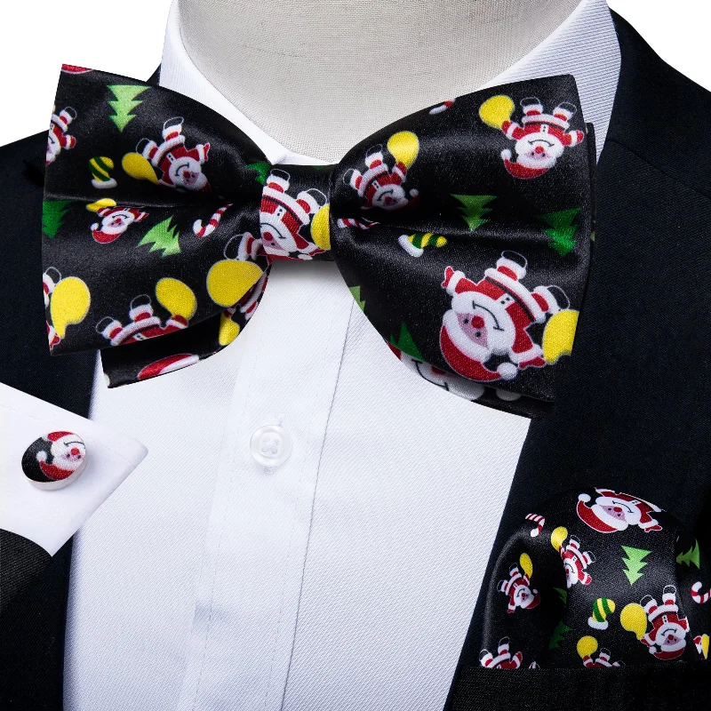 Christmas Black Pre-tied Bow Tie Hanky Cufflinks Set