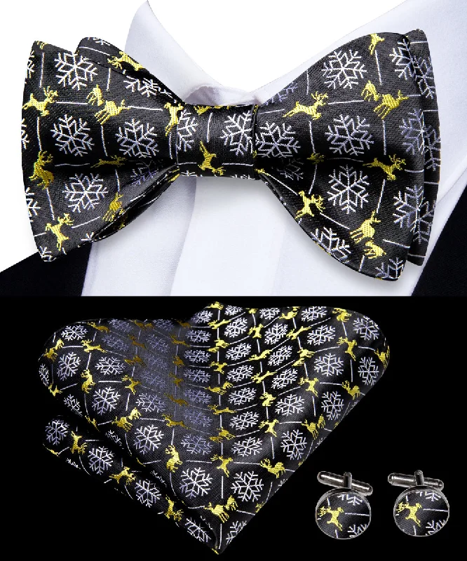 Black Christmas White Snow Novelty Self-tied Bow Tie Pocket Square Cufflinks Set