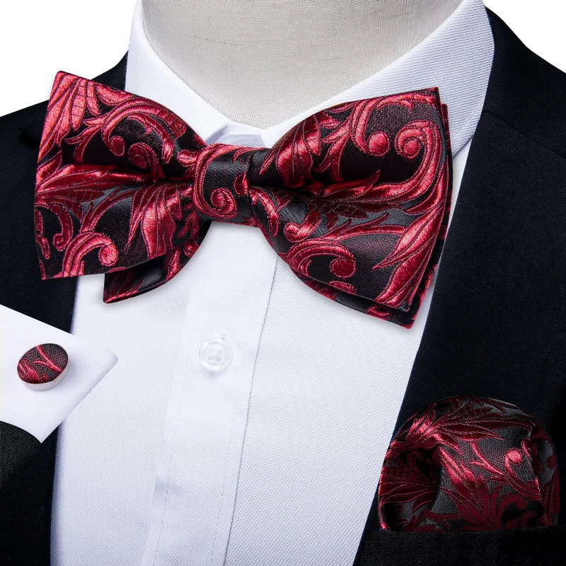 Black Darkred Paisley Men Pre-tied Bowtie Pocket Square Cufflinks Set