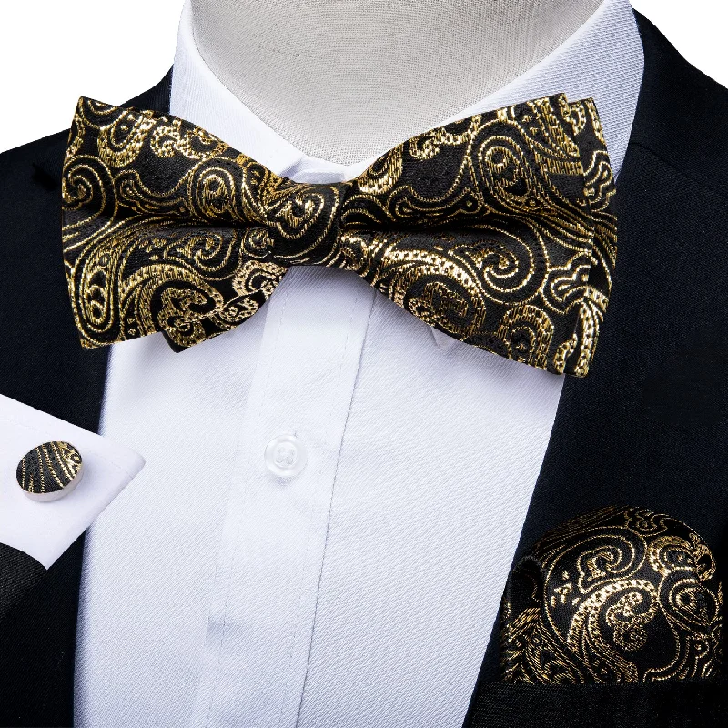 Ties2you Black Bow Tie Silk Golden Paisley Men's Pre-Tied Bow tie Pocket Square Cufflinks Set