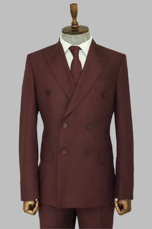 Wide Peak Collar Slim Fit Burgundy Men Double-Breasted Suit - Wessi