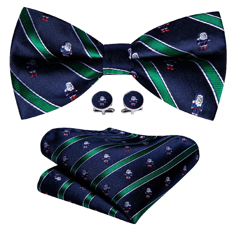 Barry Wang Christmas Blue Green Santa Claus Pre Tied Bow Tie Hanky Cufflinks Set