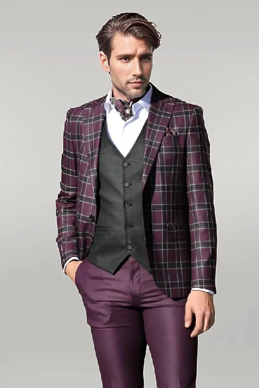 Slim Fit Patterned Checked Burgundy Men Suit - Wessi