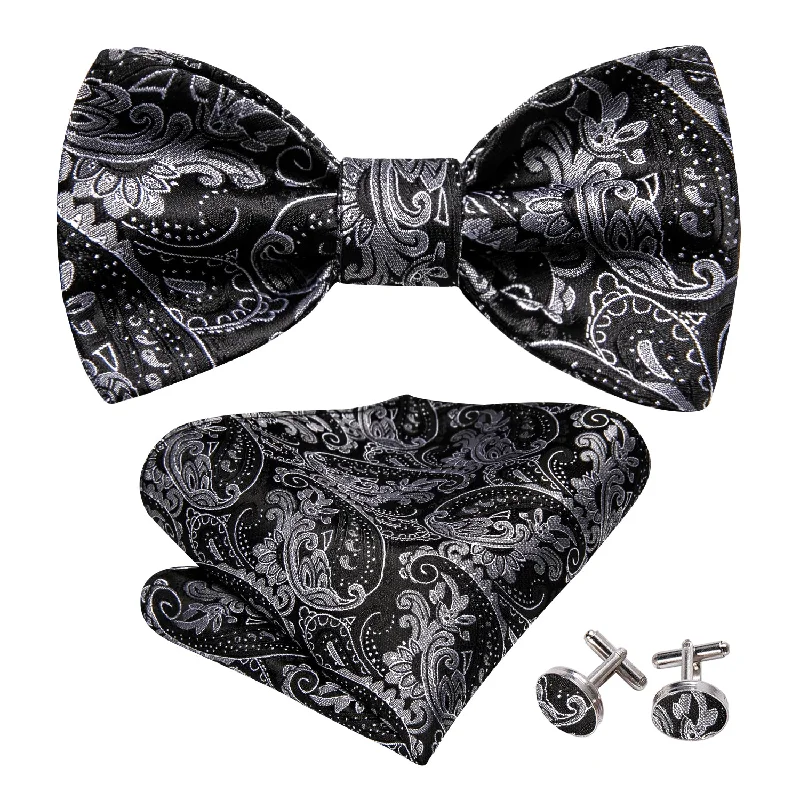 Barry.wang Black Tie Paisley Grey Men's Silk Bow Tie Hanky Cufflinks Set