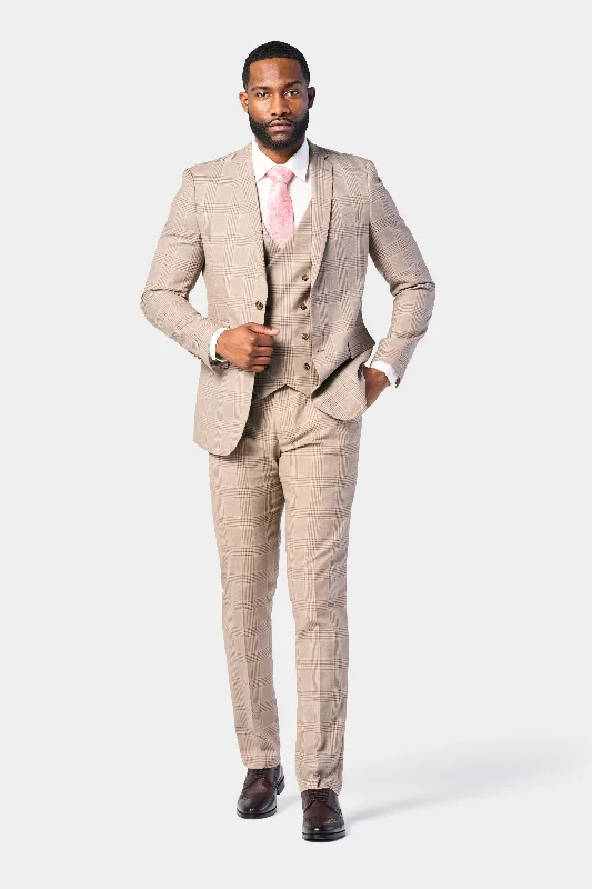 Tan and Pink Plaid 3 Piece Suit