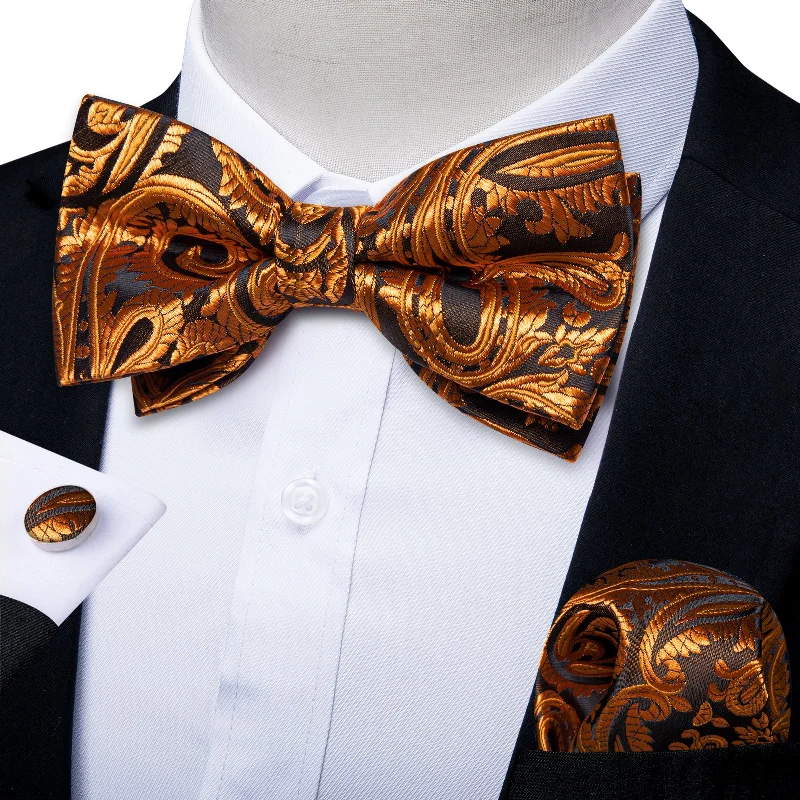 Black DarkOrangePaisley Men Pre-tied Bowtie Pocket Square Cufflinks Set