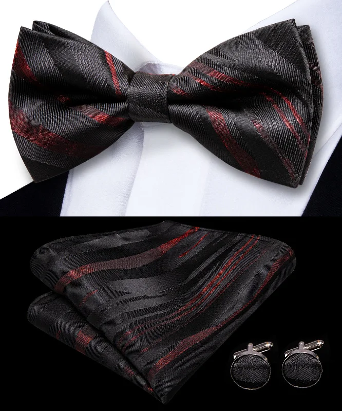 Black Red Striped Pre-tied Bow Tie Hanky Cufflinks Set