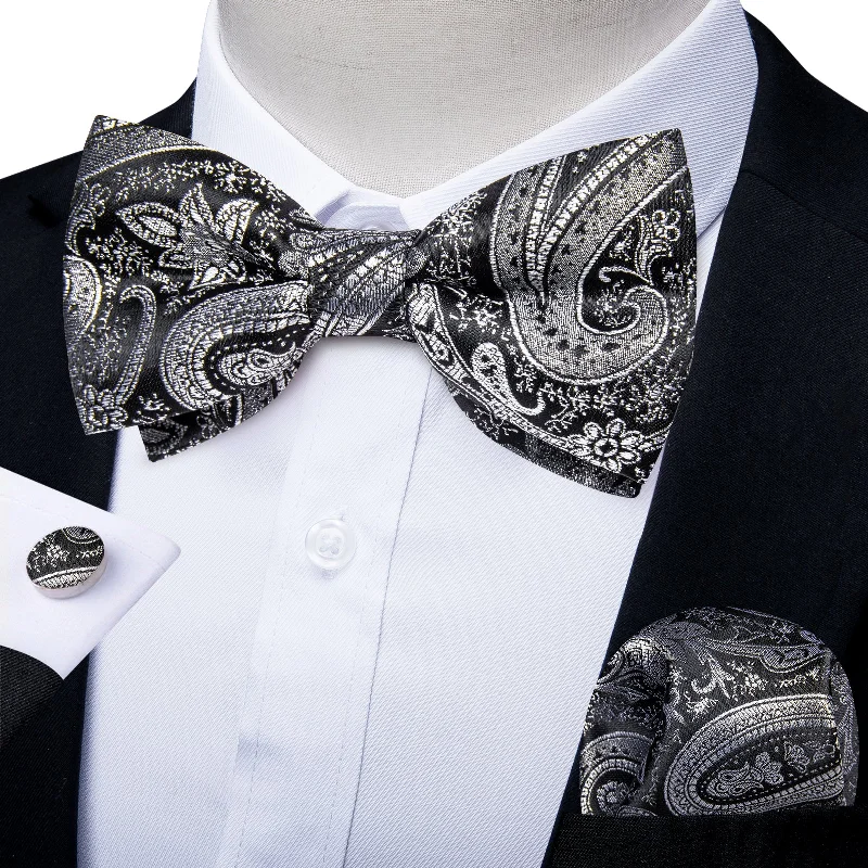 Black Grey Paisley Men's Pre-tied Bowtie Pocket Square Cufflinks Set