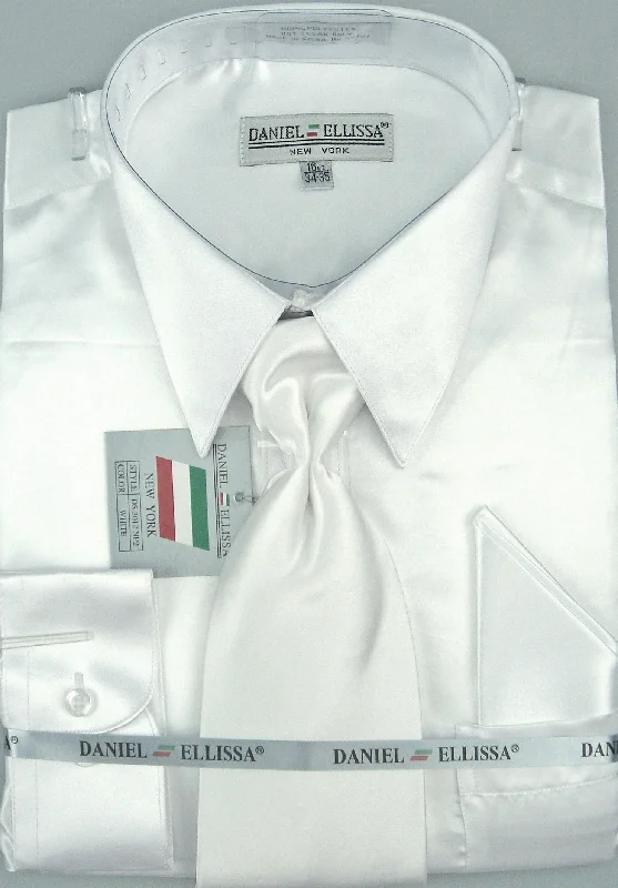 Satin Dress Shirt Convertible Cuff Regular Fit in White With Tie And Pocket Square