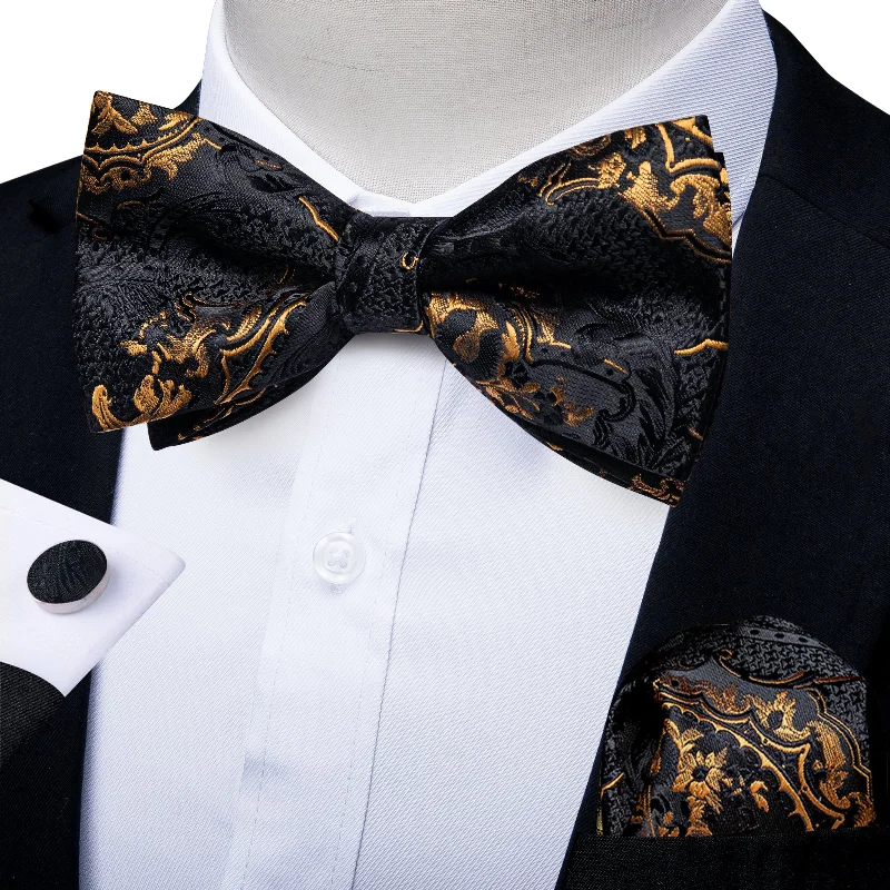 Black Golden Paisley Men's Pre-tied Bowtie Pocket Square Cufflinks Set