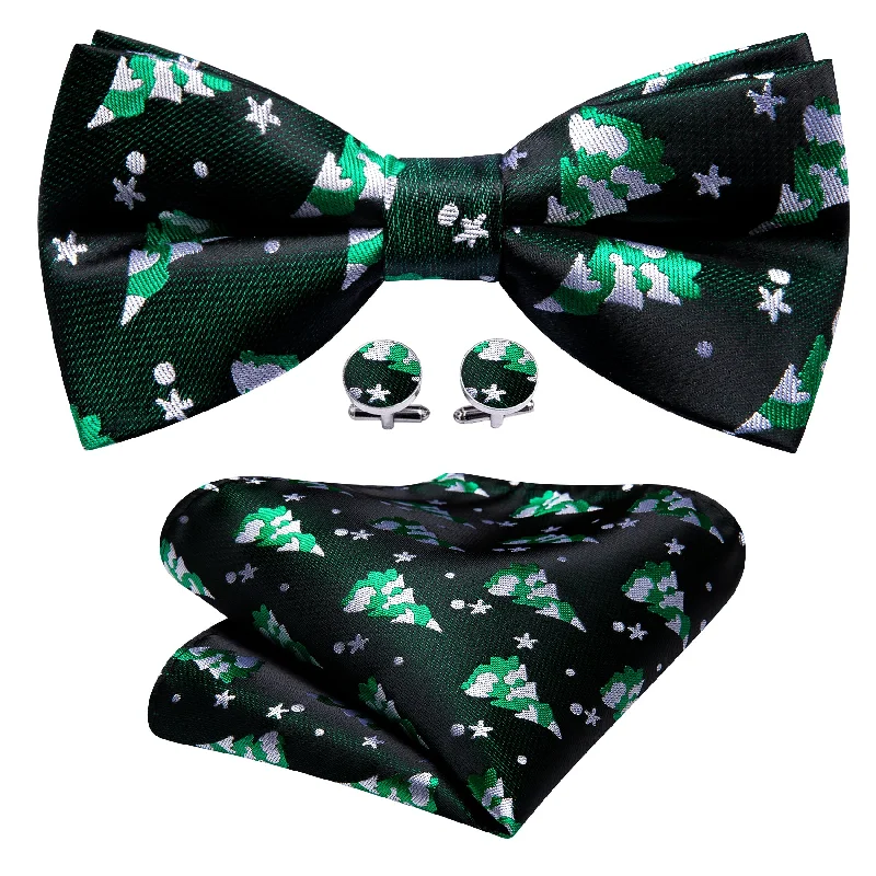 Christmas Green White Xmas Tree Silk Bow Tie Hanky Cufflinks Set