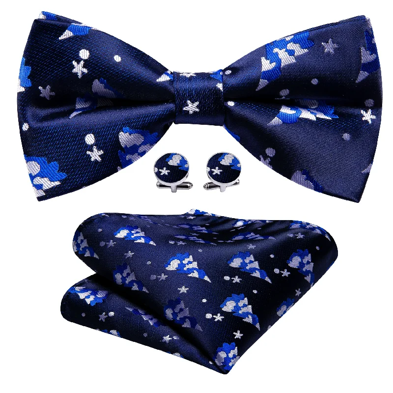 Barry Wang Christmas Blue White Xmas Tree Silk Bow Tie Hanky Cufflinks Set