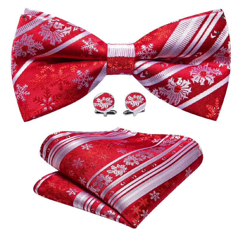 Christmas Red White Xmas Snowflake Pre Tied Bow Tie Hanky Cufflinks Set